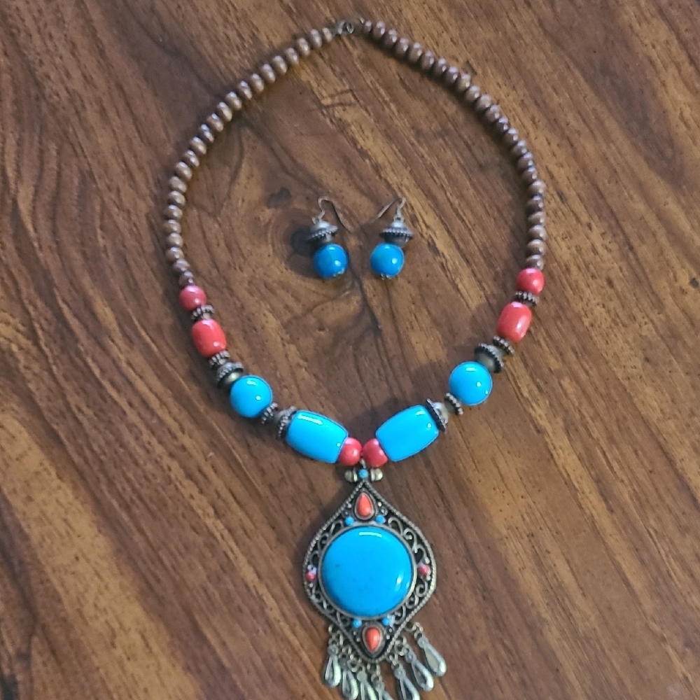 Vibrant Blue and Red Necklace with Turquoise Pendant